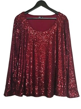 Studio Y Red Sequin Long Sleeve Scoop Neck Top